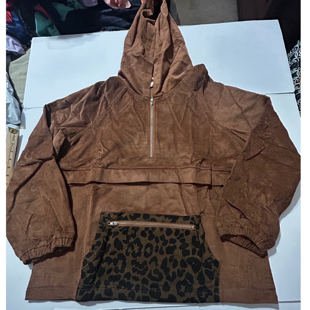 BIBI Brown Corduroy Half Zip Hooded Anorak Leopard Pocket Jacket L Rugged Boho